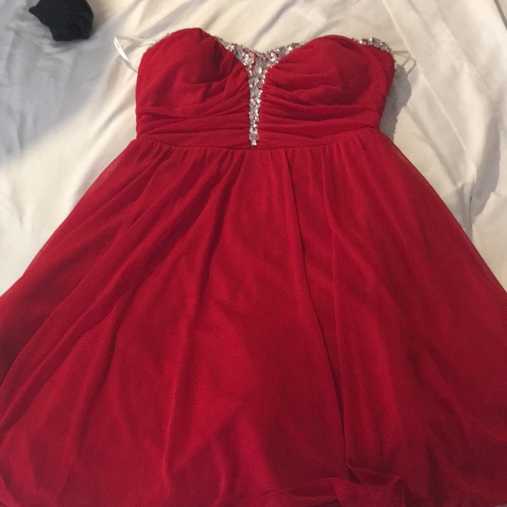 Red bejeweled neckline homecoming dress
